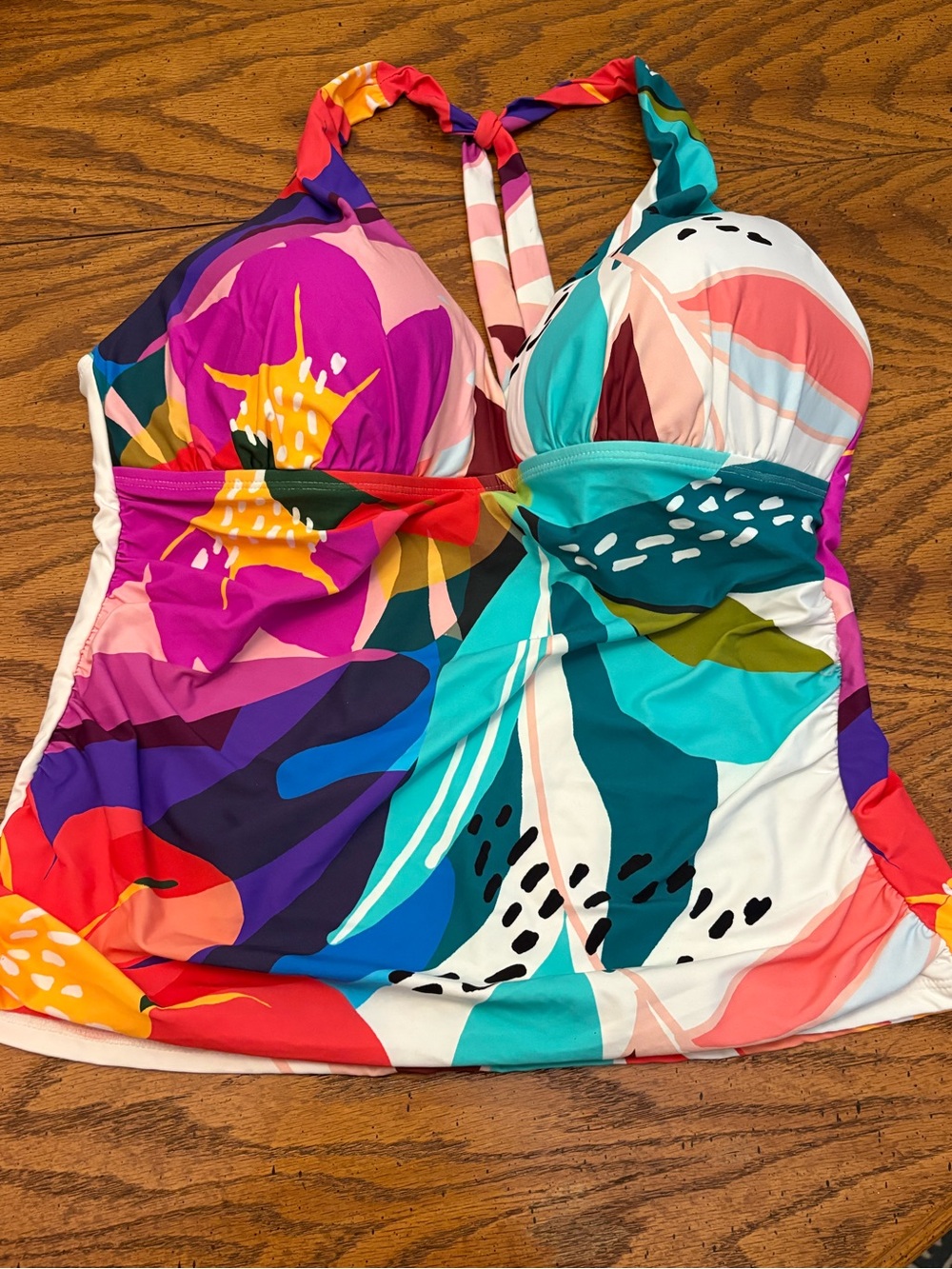 La Blanca Teal and White Printed Tankini Top Only 14